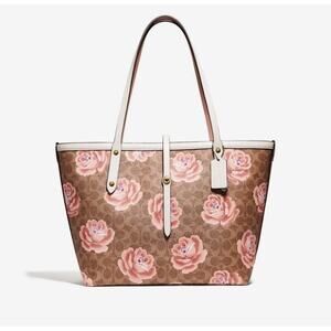 Coach Market Beige/Pink Large Rose Floral Print Leather Tote Bag Turnlock NWT